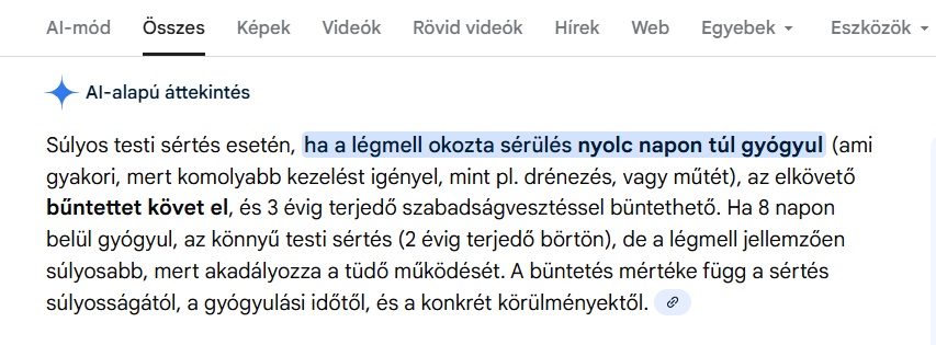 Légmell okozta sérülés, súlyos testi sértés, életveszélyes állapot, kétoldali légmell, börtönbüntetés, mesterséges intelligencia, Dr Almási Róbert Gyula, Pécs, Fájdalomambulancia